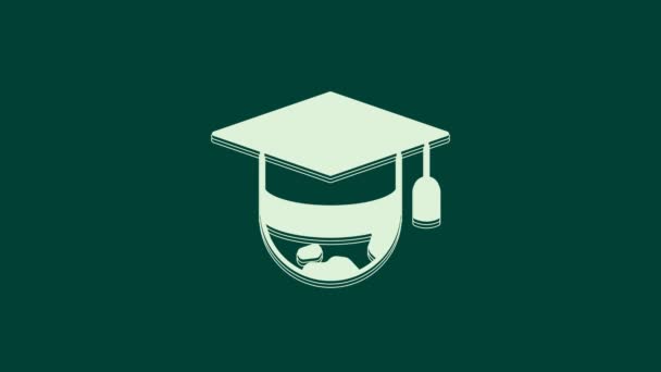 全球图标上的白色毕业帽与绿色背景隔离 世界教育的象征 在线学习或电子学习的概念 4K视频运动图形动画 — 图库视频影像