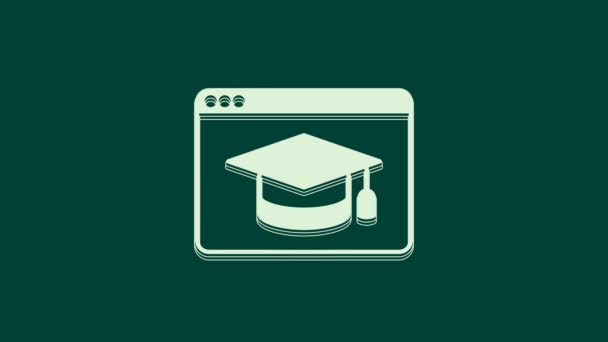 ホワイトオンライン教育と卒業アイコンは緑の背景に隔離されています モニター上のオンライン教師 ウェビナーとビデオセミナーの学習 4Kビデオモーショングラフィックアニメーション — ストック動画