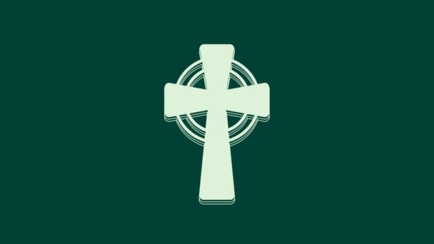 緑の背景に隔離された白いケルトの十字のアイコン 幸せな聖パトリックの日 アイルランドの祝日 4Kビデオモーショングラフィックアニメーション — ストック動画
