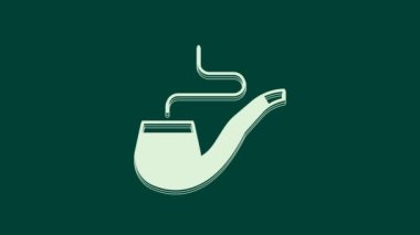 Yeşil arka planda izole edilmiş duman simgesi olan beyaz sigara piposu. Tütün piposu. 4K Video hareketli grafik canlandırması.