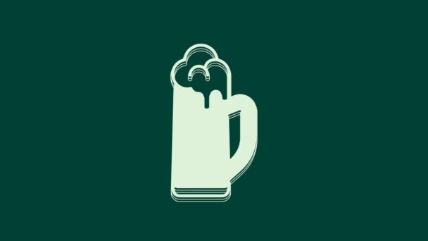 白色的啤酒图标孤立在绿色背景 圣帕特里克快乐的一天 爱尔兰国定假日 4K视频运动图形动画 — 图库视频影像
