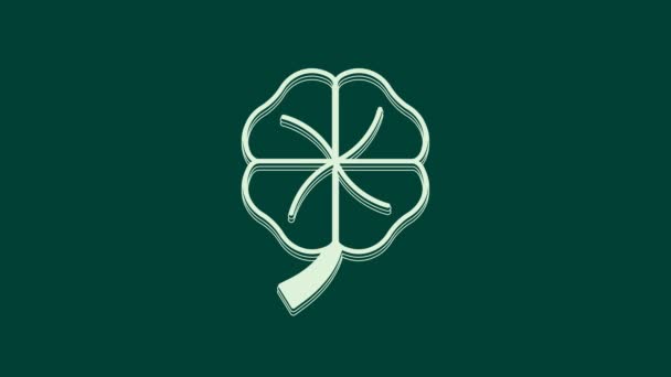 白色四叶三叶草图标孤立在绿色背景 圣帕特里克快乐的一天 爱尔兰国定假日 4K视频运动图形动画 — 图库视频影像