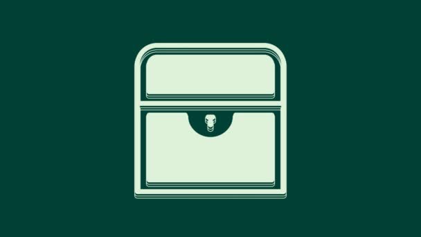 緑の背景に隔離されたホワイトアンティークの宝箱アイコン 黄金のコインとヴィンテージ木製の胸 4Kビデオモーショングラフィックアニメーション — ストック動画