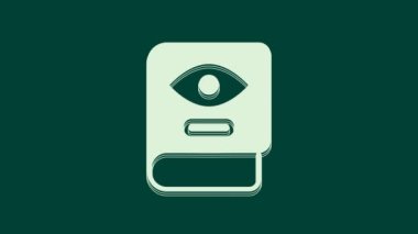 Beyaz Eskiler 'in sihirli kitabı. İçinde simya tarifleri, mistik büyüler ve yeşil arka planda izole edilmiş büyü simgeleri var. 4K Video hareketli grafik canlandırması.