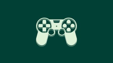 Beyaz Oyun denetleyici veya oyun konsolu simgesi için joystick yeşil arkaplanda izole edildi. 4K Video hareketli grafik canlandırması.