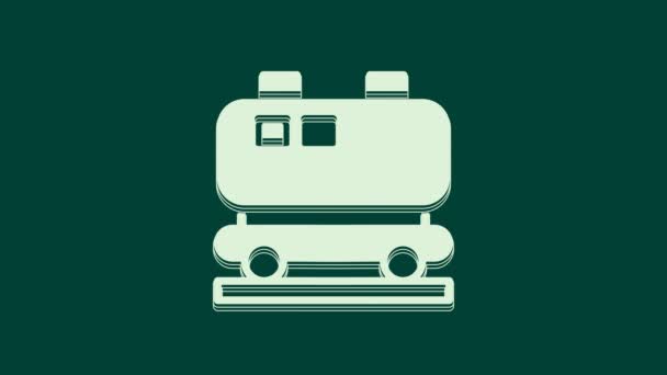 緑色の背景に分離されたホワイトオイル鉄道のシスタンアイコン 鉄道車両上の列車油タンク 貨物列車 石油産業 4Kビデオモーショングラフィックアニメーション — ストック動画