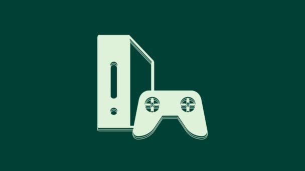 白色电子游戏主机与控制杆图标隔离的绿色背景 4K视频运动图形动画 — 图库视频影像