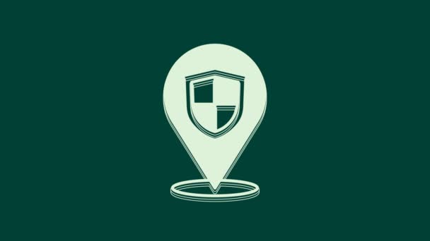 Значок Белый Щит Местоположения Выделен Зеленом Фоне Концепция Страхования Знак — стоковое видео