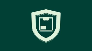 Yeşil arka planda kalkan simgesi olan beyaz teslimat güvenliği. Teslimat sigortası. Kalkanın ötesinde sigorta kutuları var. 4K Video hareketli grafik canlandırması.