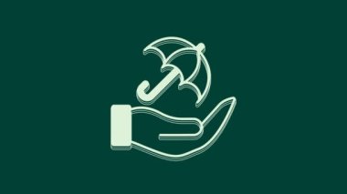 Beyaz Şemsiye 'nin el simgesi yeşil arka planda izole edildi. Sigorta konsepti. Su geçirmez ikon. Koruma, güvenlik, güvenlik kavramı. 4K Video hareketli grafik canlandırması.