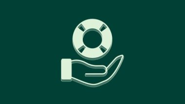 Beyaz Lifebuoy 'un el resmi yeşil arka planda izole edildi. Can simidi sembolü. 4K Video hareketli grafik canlandırması.