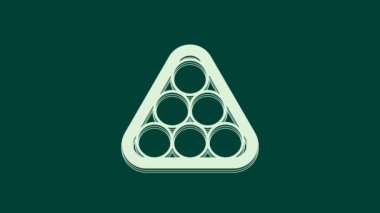 Askı üçgeninde beyaz bilardo topları yeşil arka planda izole edilmiş. 4K Video hareketli grafik canlandırması.