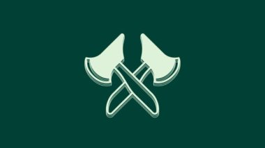 Beyaz tahta balta simgesi yeşil arka planda izole edildi. Oduncu baltası. 4K Video hareketli grafik canlandırması.