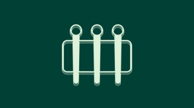 Yeşil arkaplanda izole edilmiş ikon dikmek için beyaz iğne. Terzi sembolü. Tekstil el sanatları tabelasını diker. Nakış aletleri. 4K Video hareketli grafik canlandırması.