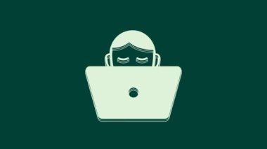 Beyaz Freelancer simgesi yeşil arka planda izole edildi. Evinde dizüstü bilgisayarla çalışan serbest çalışan bir adam. Çevrimiçi iş, uzak iş kavramı. 4K Video hareketli grafik canlandırması.