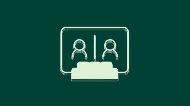 Beyaz Görüntü sohbet konferansı simgesi yeşil arkaplanda izole edildi. Çevrimiçi iş görüşmesi formu. Uzak proje yönetimi. 4K Video hareketli grafik canlandırması.