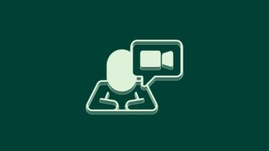 Beyaz Görüntü sohbet konferansı simgesi yeşil arkaplanda izole edildi. Çevrimiçi iş görüşmesi formu. Uzak proje yönetimi. 4K Video hareketli grafik canlandırması.