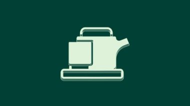 Beyaz geleneksel çay töreni ikonu yeşil arka planda izole edilmiş. Fincanlı çaydanlık. 4K Video hareketli grafik canlandırması.