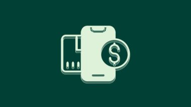 Yeşil arka planda dolar sembolü olan beyaz akıllı telefon. İnternetten alışveriş konsepti. Finansal cep telefonu simgesi. Çevrimiçi ödeme. 4K Video hareketli grafik canlandırması.