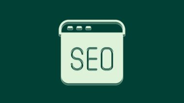 Beyaz SEO optimizasyon simgesi yeşil arkaplanda izole edildi. 4K Video hareketli grafik canlandırması.