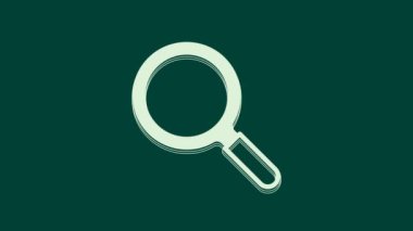 Yeşil arka planda beyaz büyüteç simgesi izole edildi. Arama, odaklanma, yakınlaştırma, iş sembolü. 4K Video hareketli grafik canlandırması.