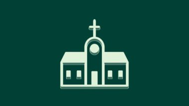 Beyaz Kilise binası ikonu yeşil arka planda izole edildi. Hıristiyan Kilisesi. Kilisenin dini. 4K Video hareketli grafik canlandırması.