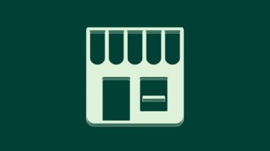 Ak Alış veriş binası ya da market simgesi yeşil arka planda izole edilmiş. Dükkan inşaatı. 4K Video hareketli grafik canlandırması.