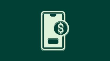 Yeşil arka planda dolar sembolü olan beyaz akıllı telefon. İnternetten alışveriş konsepti. Finansal cep telefonu simgesi. Çevrimiçi ödeme. 4K Video hareketli grafik canlandırması.