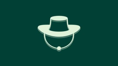 Beyaz Balıkçı şapkası simgesi yeşil arka planda izole edildi. 4K Video hareketli grafik canlandırması.