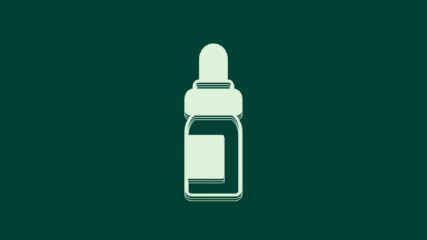 白色精油瓶图标隔离在绿色背景 有机芳香疗法精华 护肤血清玻璃滴注包 4K视频运动图形动画 — 图库视频影像