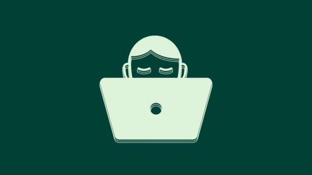 White Freelancer Icon Isolated Green Background Freelancer Man Working Laptop — Αρχείο Βίντεο