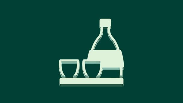 Vit Flaska Sake Liten Kopp Sake Ikon Isolerad Grön Bakgrund — Stockvideo