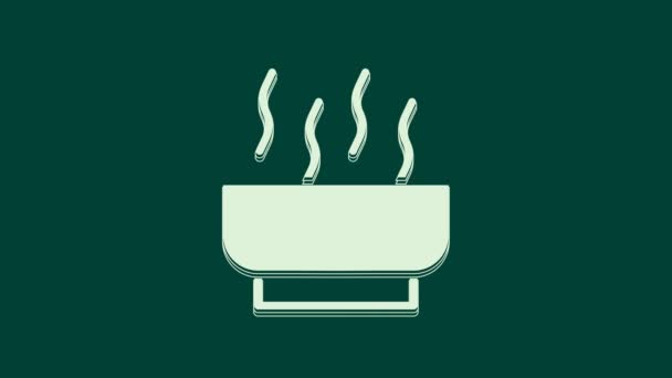 緑色の背景に麺のアイコンが隔離された白いラーメンのスープボウル 伝統的なアジアの麺スープのボウル 4Kビデオモーショングラフィックアニメーション — ストック動画