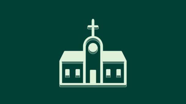 緑の背景に隔離された白い教会の建物のアイコン キリスト教会 教会の宗教 4Kビデオモーショングラフィックアニメーション — ストック動画