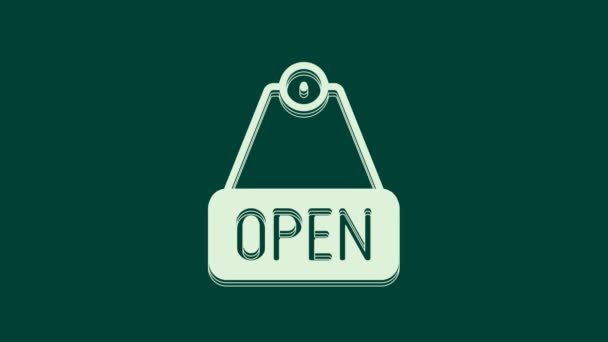 Wit Ophangbord Met Tekst Open Deur Pictogram Geïsoleerd Groene Achtergrond — Stockvideo