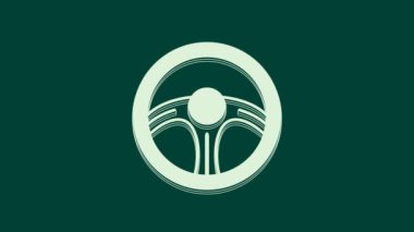 Beyaz Yarış Direksiyon ikonu yeşil arka planda izole edildi. Araba tekeri ikonu. 4K Video hareketli grafik canlandırması.