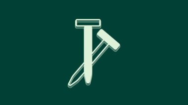 Beyaz Metalik çivi simgesi yeşil arka planda izole edildi. 4K Video hareketli grafik canlandırması.