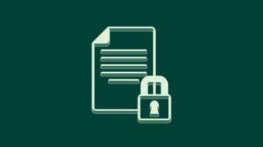 Beyaz Belge ve kilit simgesi yeşil arkaplanda izole edildi. Dosya biçimi ve asma kilit. Güvenlik, güvenlik, koruma kavramı. 4K Video hareketli grafik canlandırması.