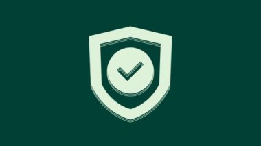 Yeşil arka planda işaretleme simgesine sahip Beyaz Kalkan. Koruma sembolü. Güvenlik kontrolü Simge. Kene izi onaylı simge. 4K Video hareketli grafik canlandırması.