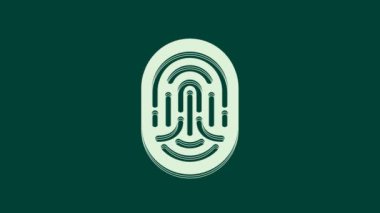 Yeşil arkaplanda beyaz parmak izi simgesi izole edildi. Kimlik uygulaması simgesi. Kimlik işareti. Kimliğe dokun. 4K Video hareketli grafik canlandırması.