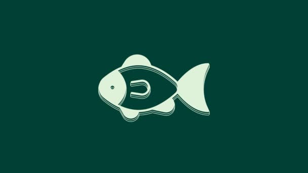 緑色の背景に白い魚のアイコンが孤立しています 4Kビデオモーショングラフィックアニメーション — ストック動画
