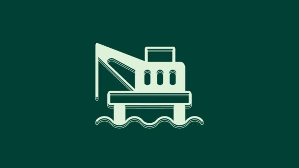 緑色の背景に隔離された海のアイコン内のホワイトオイルプラットフォーム 海で掘削リグ 石油プラットフォーム ガス燃料 オフショア産業 4Kビデオモーショングラフィックアニメーション — ストック動画