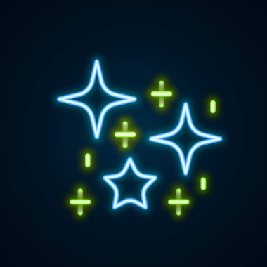 Siyah zemin üzerinde izole edilmiş sihirli parçacık ikonu olan parıldayan neon çizgisi yıldızları. Sihirli noel süsü. Renkli taslak konsepti. Vektör