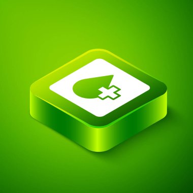 İzometrik kan testi ve virüs molekülü koronavirüs ikonu yeşil arka planda izole edildi. Coronavirus, COVID-19. 2019-nCoV. Yeşil kare düğmesi. Vektör