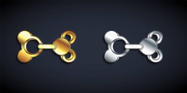 Altın ve gümüş molekül simgesi siyah arkaplanda izole edilmiş. Kimya moleküllerinin yapısı, fen öğretmenlerinin yenilikçi eğitim posteri. Uzun gölge tarzı. Vektör