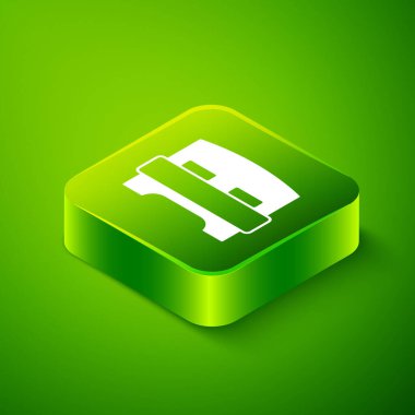 Yeşil arka planda iki ya da bir kişi için Isometric Büyük yatak. Yeşil kare düğmesi. Vektör