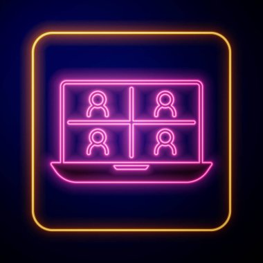 Parlayan neon görüntülü sohbet ikonu siyah arkaplanda izole edildi. Çevrimiçi iş görüşmesi formu. Uzak proje yönetimi. Vektör