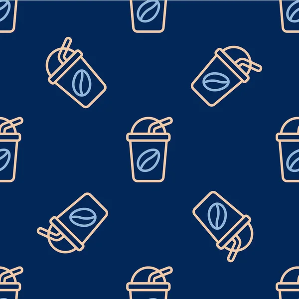 Line Iced coffee icon isolated seamless pattern on blue background.  Vector