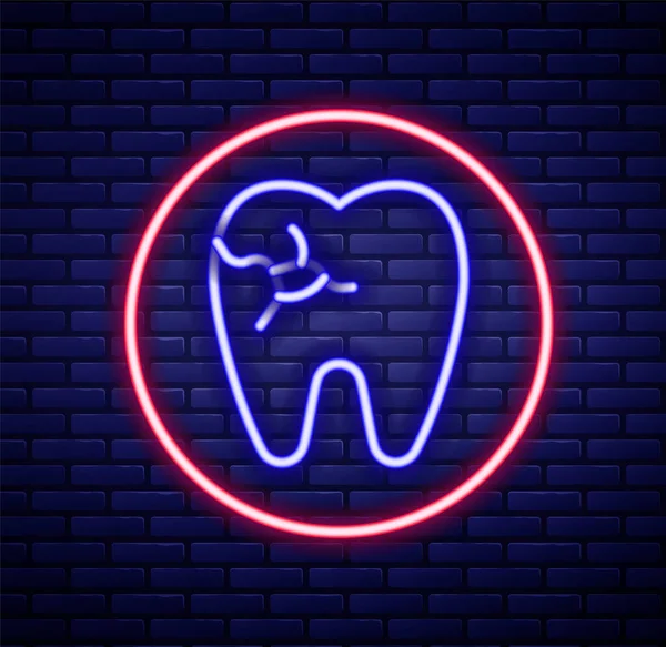 stock vector Glowing neon line Tooth with caries icon isolated on brick wall background. Tooth decay. Colorful outline concept. Vector