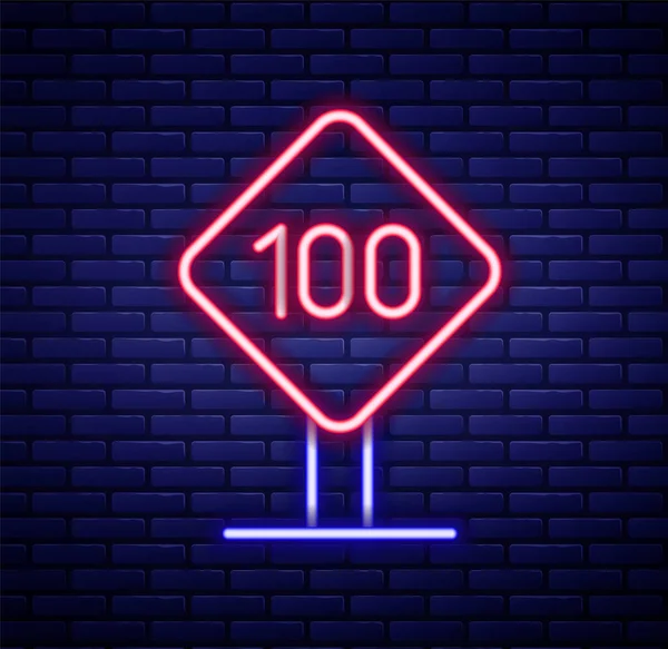 发光的霓虹灯线速度限制交通标志100公里图标隔离在砖墙背景 五彩缤纷的概念 — 图库矢量图片